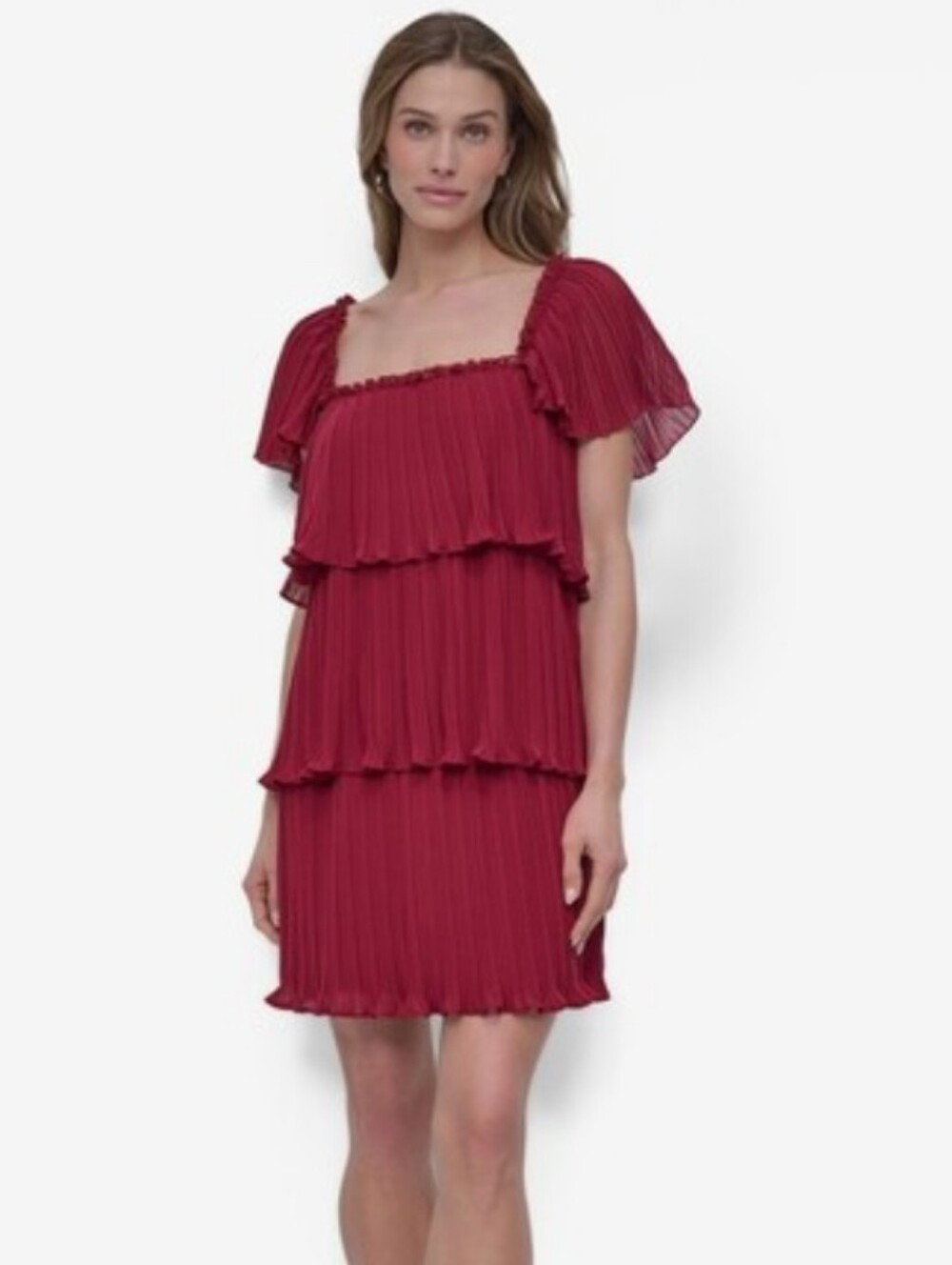 Retail $149 Dkny Square Neck Pleated Burgundy Dress